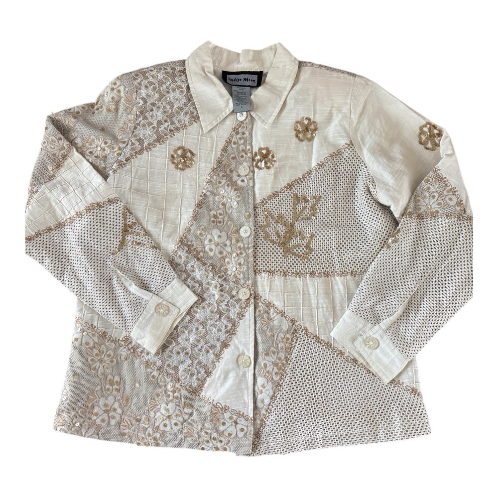 Indigo Moon Embroidered Patchwork Jacket Women's Large White Gold Sequins Lace